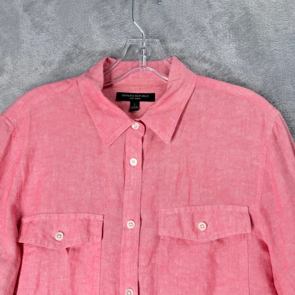 Banana Republic Shirt Mens Large Pink Linen Blend Long Sleeve Dual Pocket Casual